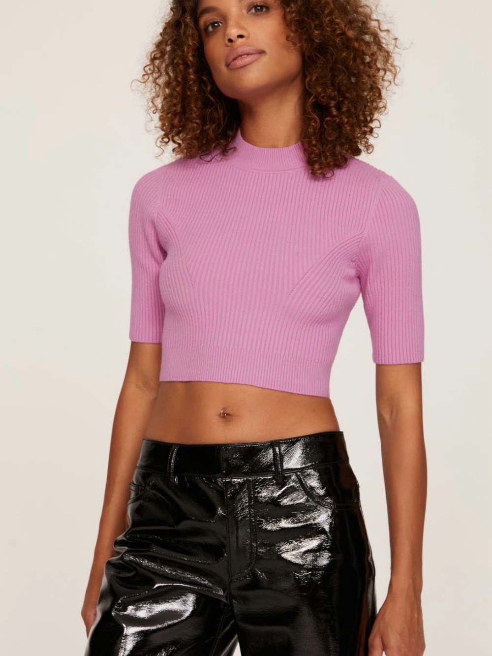 Herve Leger Lilac Ribbed Mock-Neck Crop Top